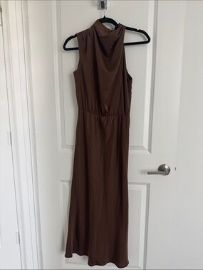 Sleeveless Brown Maxi Dress with Cowl Neck